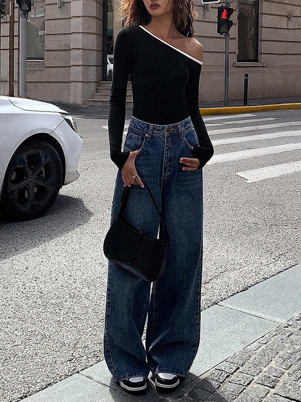 Asymmetric Long Sleeves Skinny One-Shoulder T-Shirts Tops