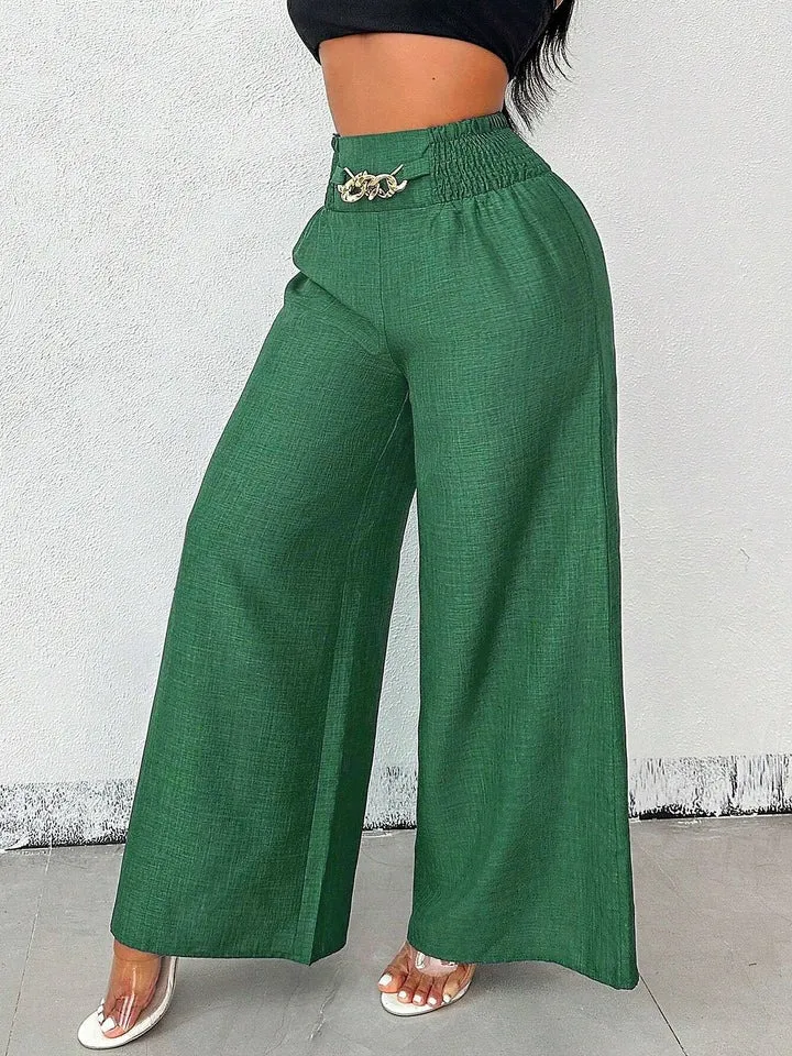 Women's Solid Color High-Waisted Pants, Stretchable Loose-Fitting Wide-Leg Trousers