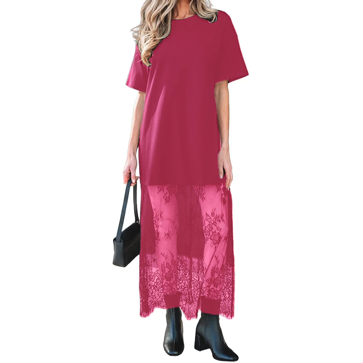 Women’s Oversized T-Shirt Maxi Dress with Sheer Lace Hem