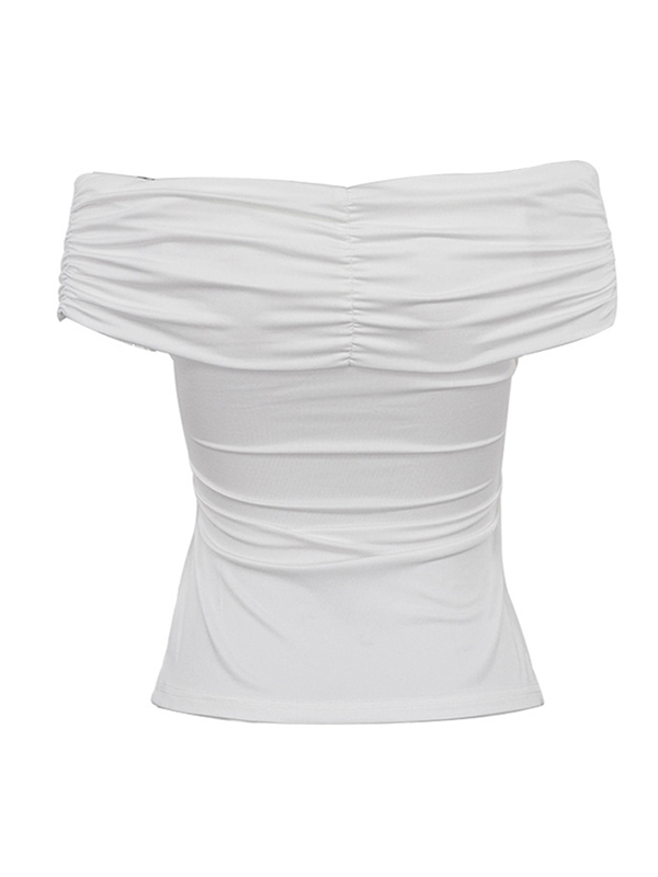 Knot Pleated Solid Color Split-Joint Short Sleeves Skinny Boat Neck T-Shirts Tops