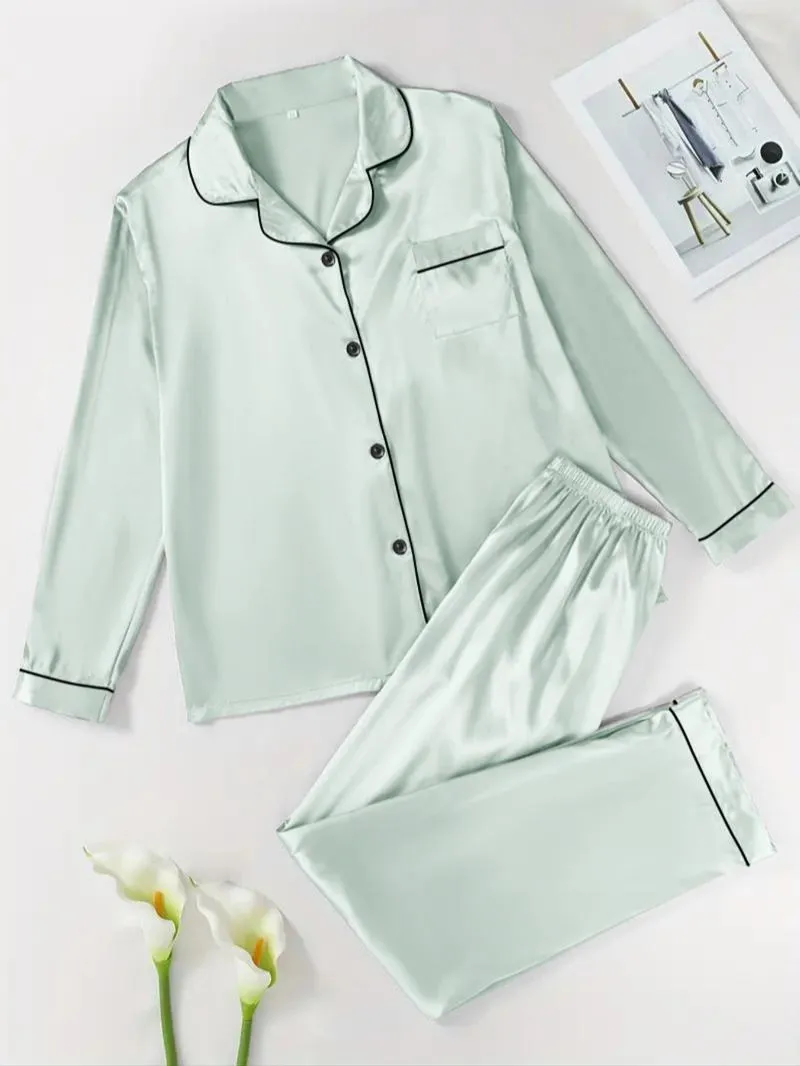 Two-Piece Set Women's Solid Contrast Binding Satin Pyjamas