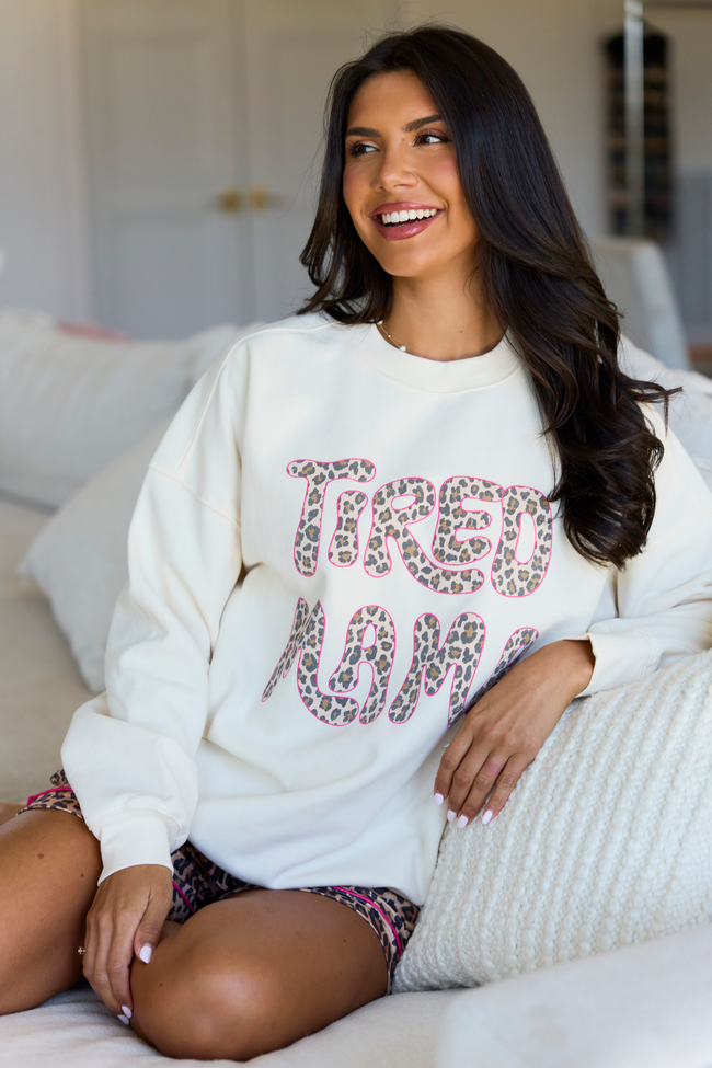 Tired Mama Leopard Cream Graphic Sweatshirt