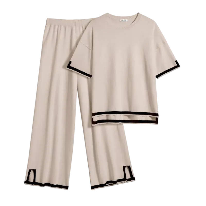 Women’s 2-Piece Knit Lounge Set – Short Sleeve Top & Wide-Leg Pants