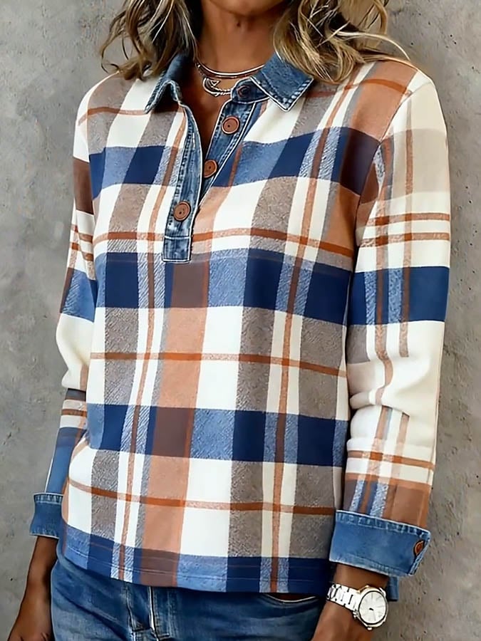 Women'S Casual Lapel Contrast Color Stitching Plaid Top