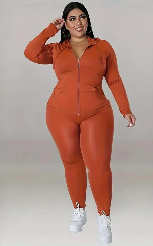 Plus Size Solid Zip Up Hooded Top & Skinny Pants Set