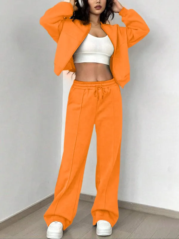 Two-piece Set Women's Solid Zip Up Drop Shoulder Jacket & Pocket Elastic Waist Pants