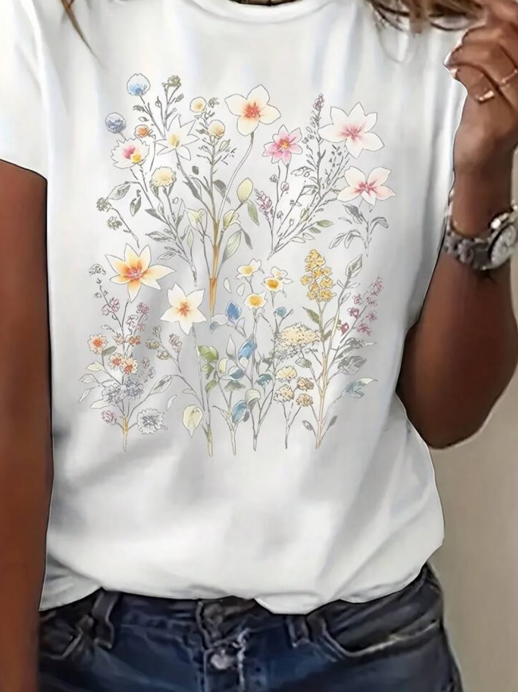 Women's Short Sleeve T-shirt Summer White Floral Printing Jersey Crew Neck Daily Going Out Casual Top