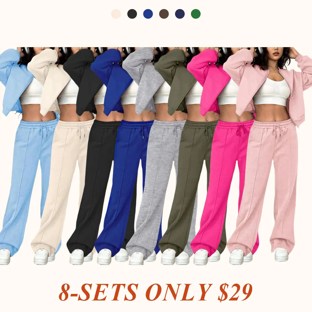 Two-piece Set Women's Solid Zip Up Drop Shoulder Jacket & Pocket Elastic Waist Pants