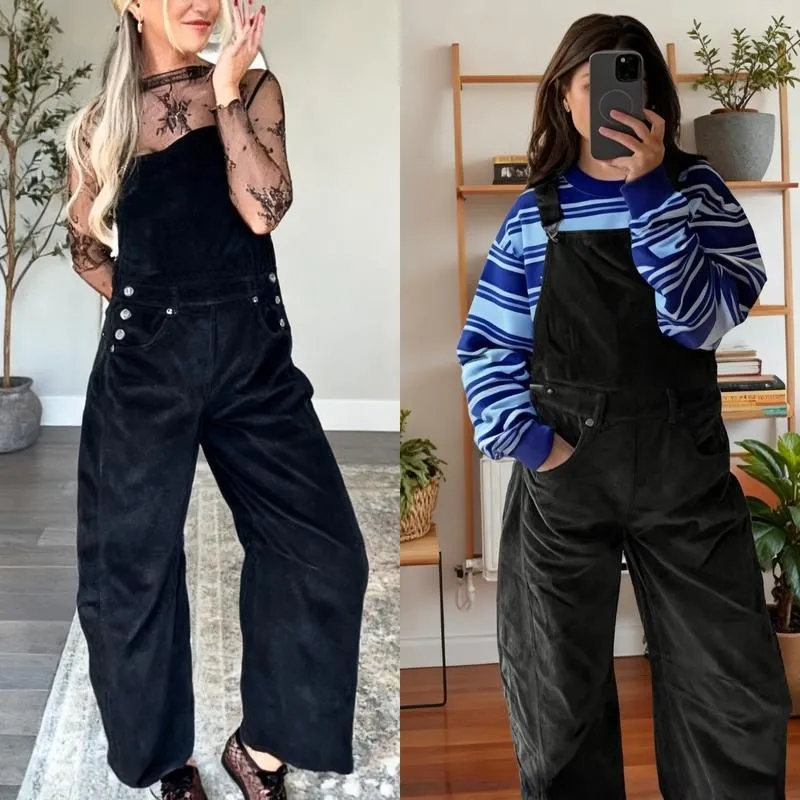 Women Barrel Wide Leg Bib Corduroy Pants