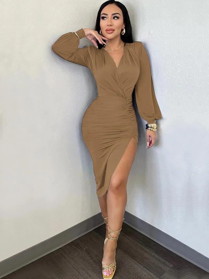 Women's Plain Ruched Wrap Split Thigh Bodycon Dress