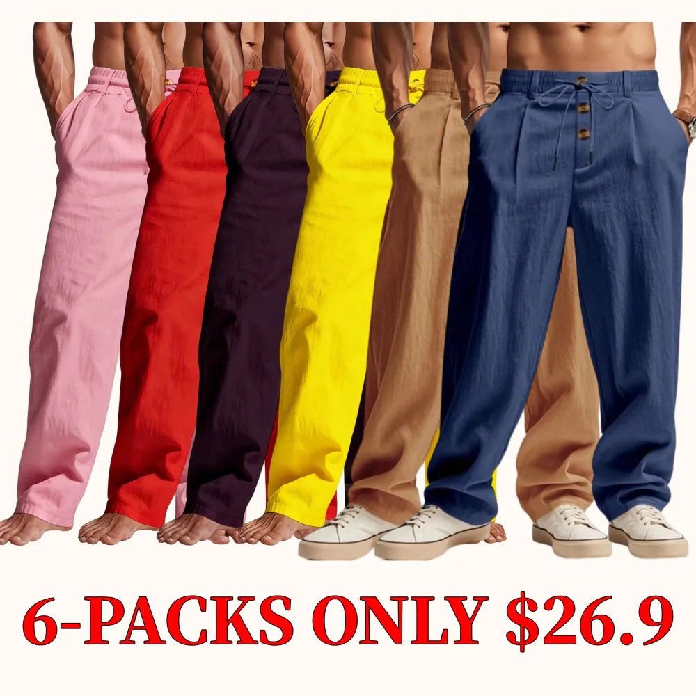 Men's solid color linen trousers with button design