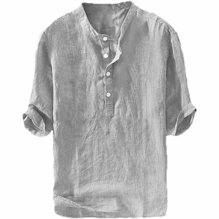 Mens Linen Shirts Casual Cotton 3/4 Sleeve Regular-Fit Henley T-Shirt Summer Lightweight Beach Yoga Tops