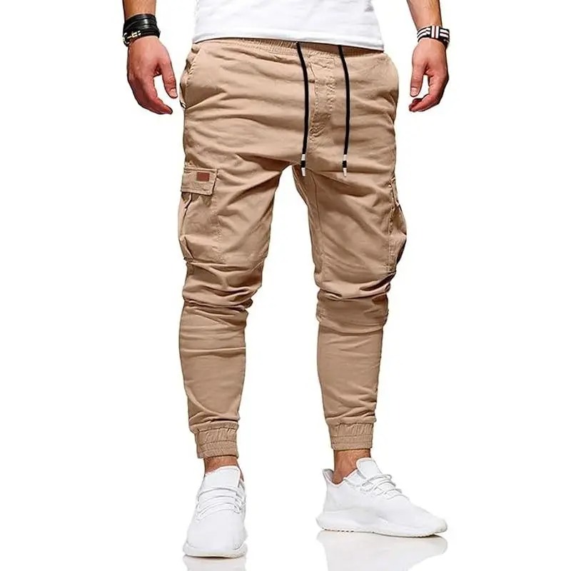 Men's Slim Fit Cargo Pants Slimming Drawstring Mid Waist Casual Trousers for Men Above Ankle Length with Slanted Pockets Versatile Lightweight Bottoms for Daily Wear All Seasons Functional Elastic Waistband for Everyday Wear