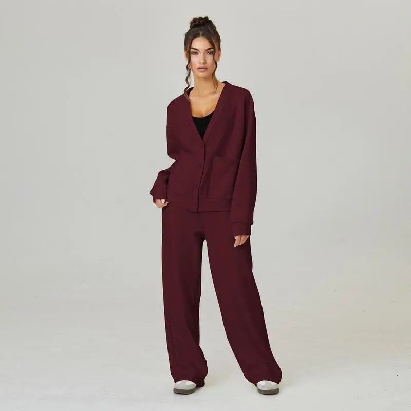 Women's Slouchy Solid Color V Neck Long Sleeve  & Drawstring Waist Trousers Co-ord