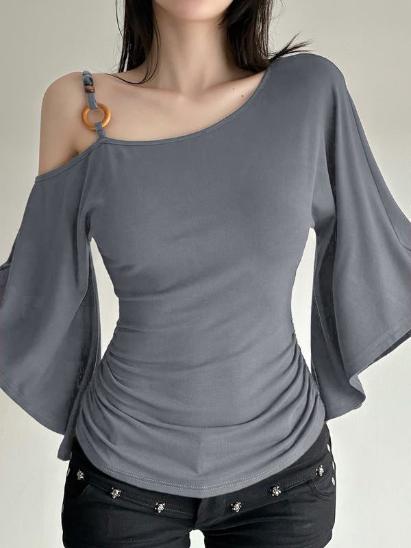 Women’s Retro Asymmetrical Beaded Shoulder Top – Slim Fit Flounce Sleeve Blouse
