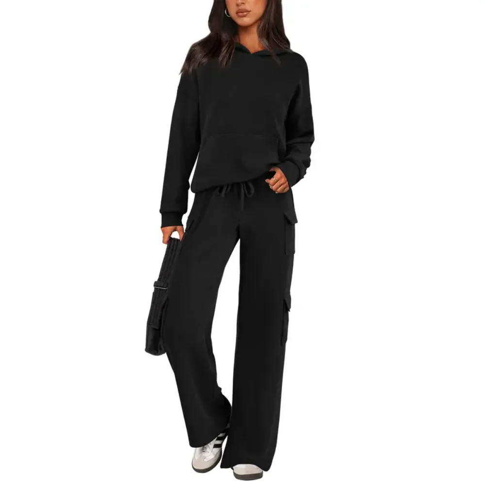 Women’s Casual Knit Tracksuit – Hoodie & Wide Leg Pants with Pockets