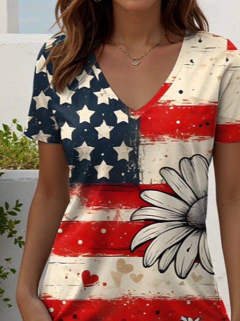 Women's Short Sleeve T-shirt Summer As Picture Star Printing V Neck Holiday Going Out Vintage Top
