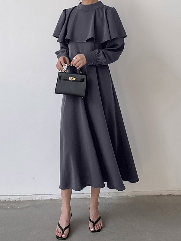 Ruffle Trim Solid Color Tied Waist A-Line Long Sleeves Mock Neck Midi Dresses