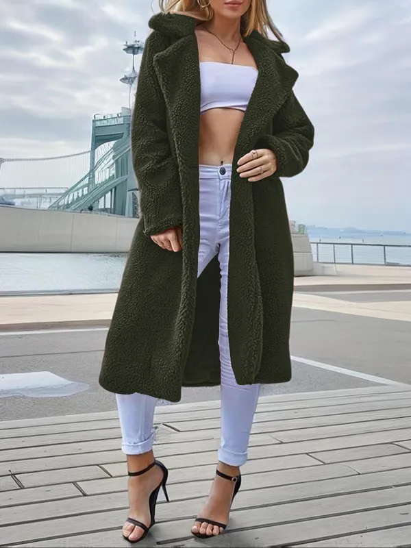 Women's Plain Pocket Button Front Faux Fur Coat