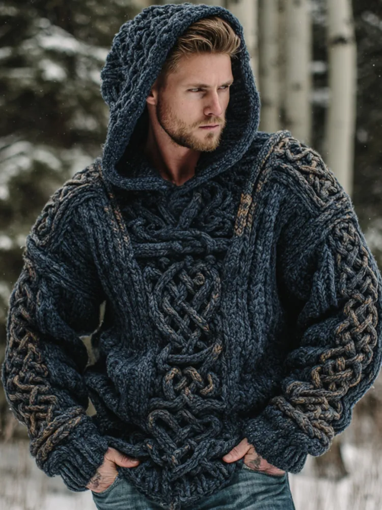 Vintage Viking Celtic Knot Art Chunky Knit Hooded Sweater