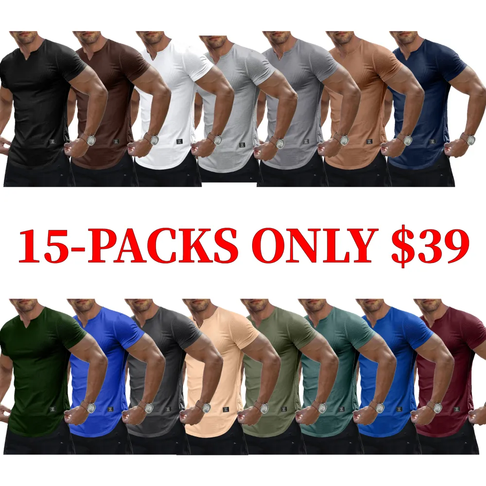 Men's solid color slim-fit V-neck long-sleeved T-shirt, made of polyester fabric, suitable for fitness and sports wear.