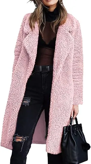 Women's Fuzzy Fleece Lapel Open Front Long Cardigan Coat Faux Fur Warm Winter Outwear Jackets Clothing Set