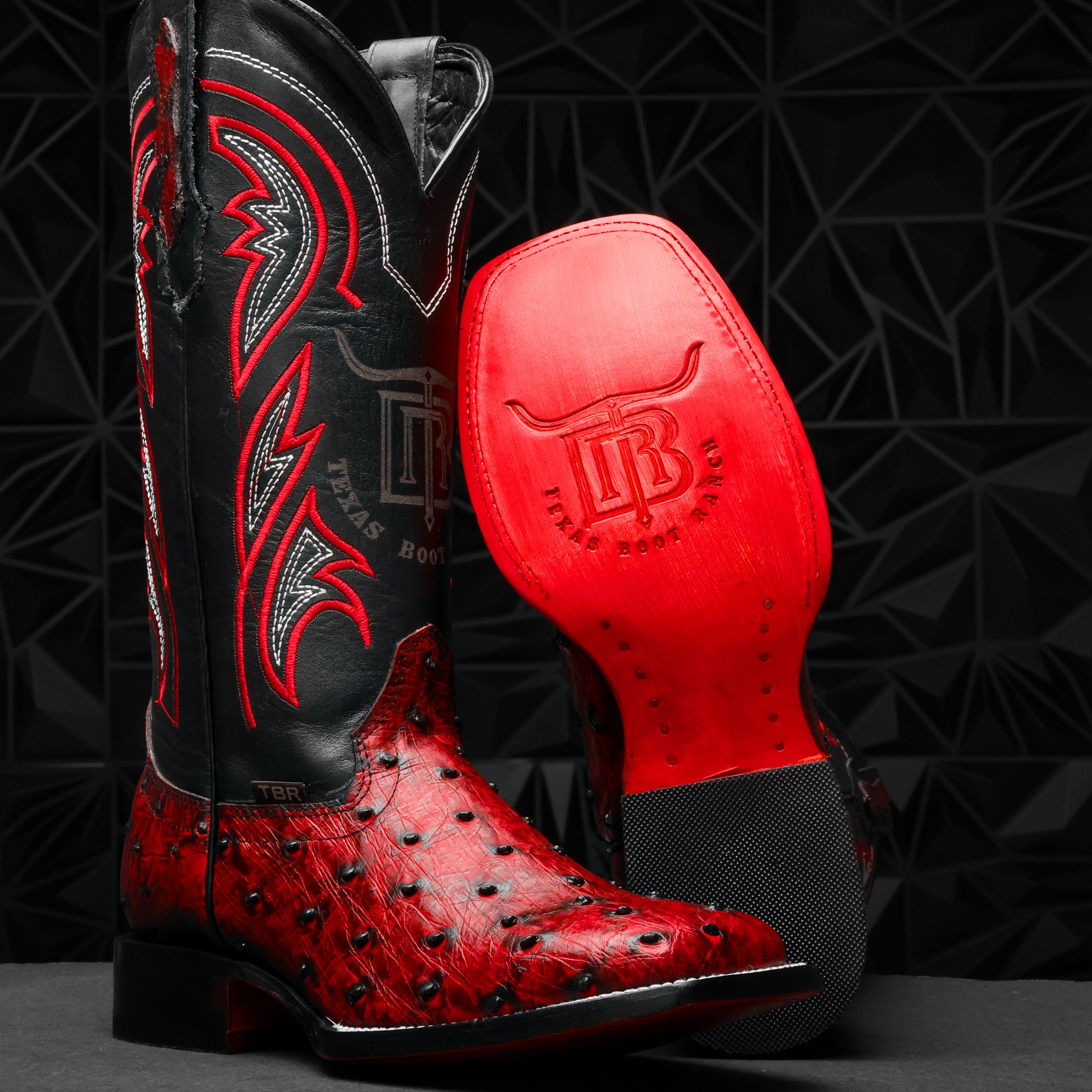 Black Cherry Ostrich Leather Boots - Square Toe