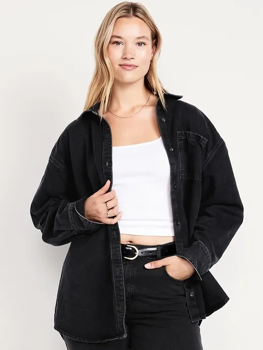 Boyfriend-style button-down denim shirt