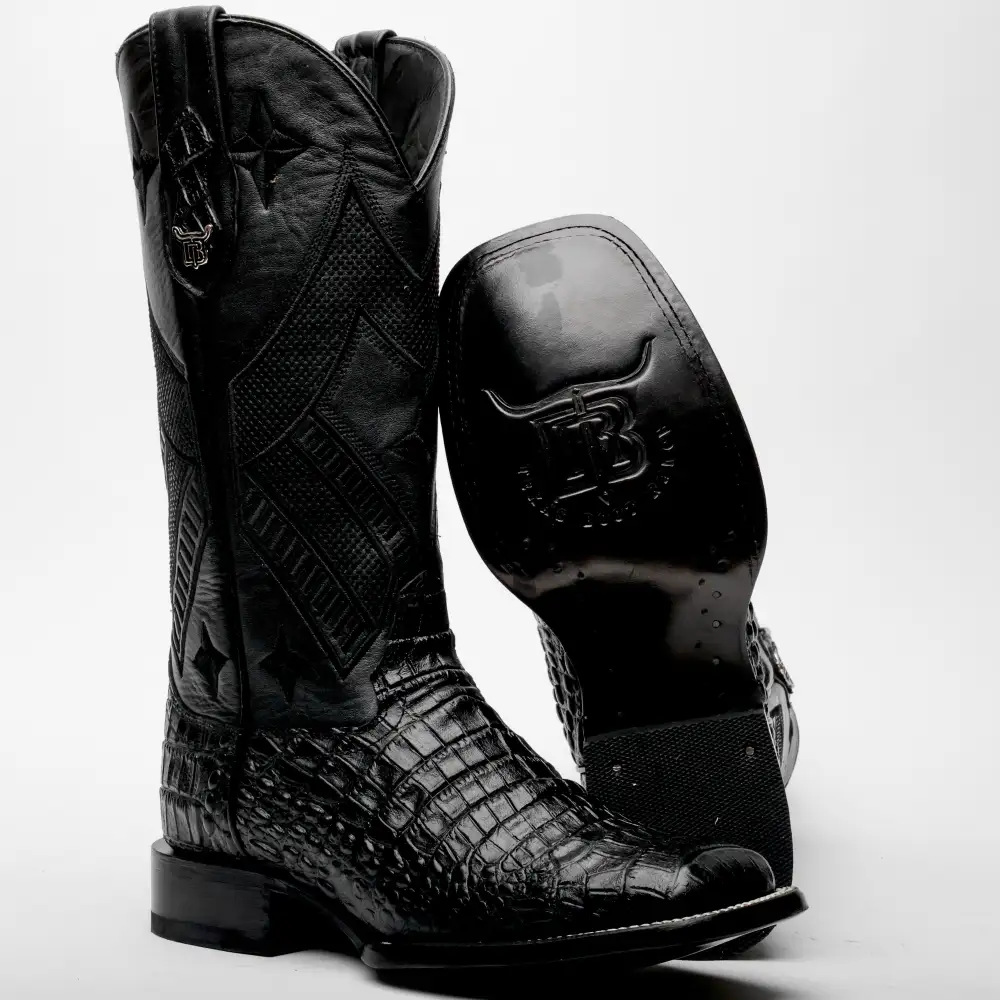 Total Black Caiman Belly Leather Boots - Square Toe
