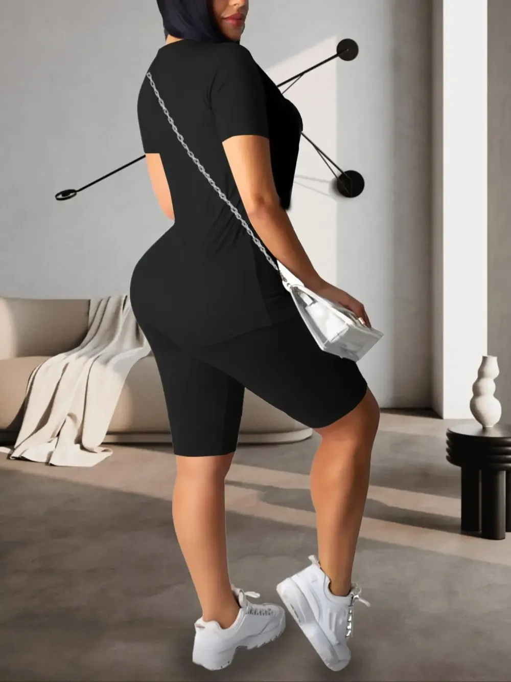 Two-piece Set Women's Fitted Plain Round Neck Tee & Skinny Shorts Set, Summer Clothes Women