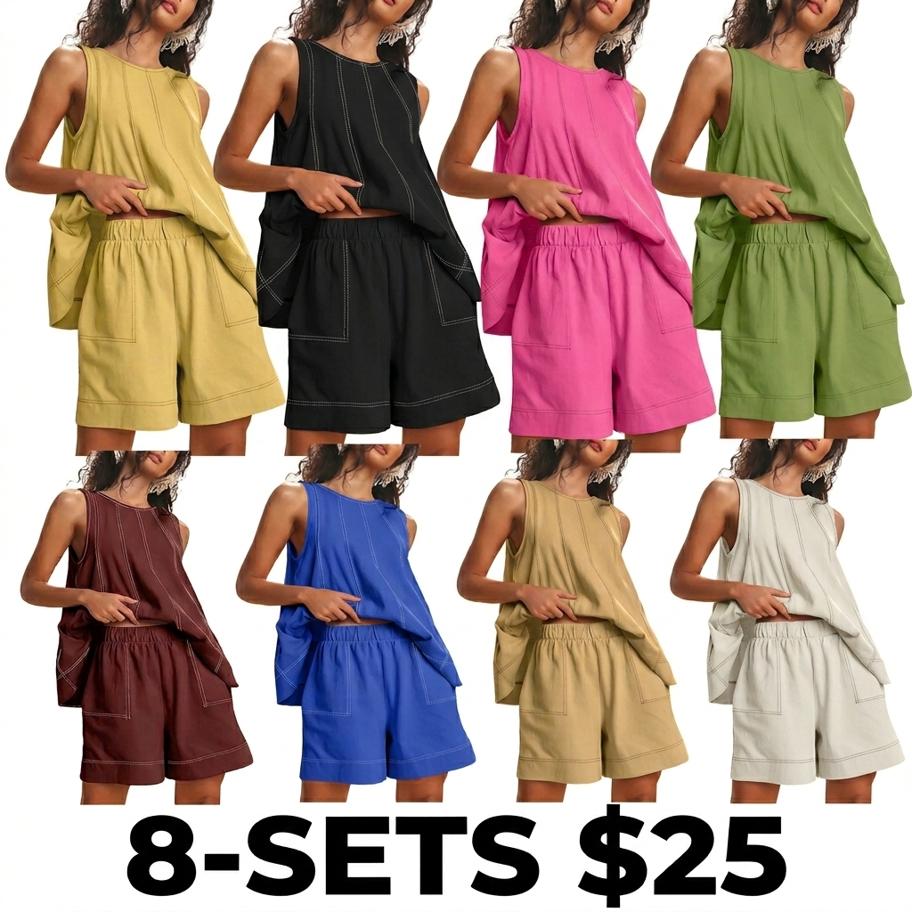 Women's 100% Cotton 2-Piece Set – A-Line Tank Top & High Waist Shorts with Pockets