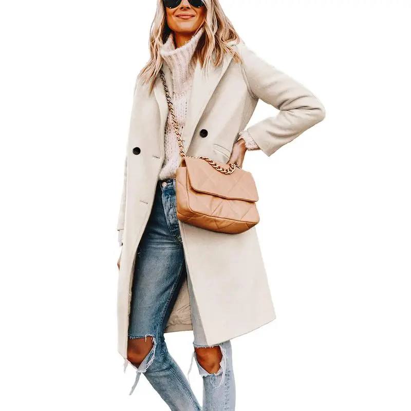 Women's Winter Notch Lapel Double Breasted Wool Blend Mid Long Pea Trench Coat