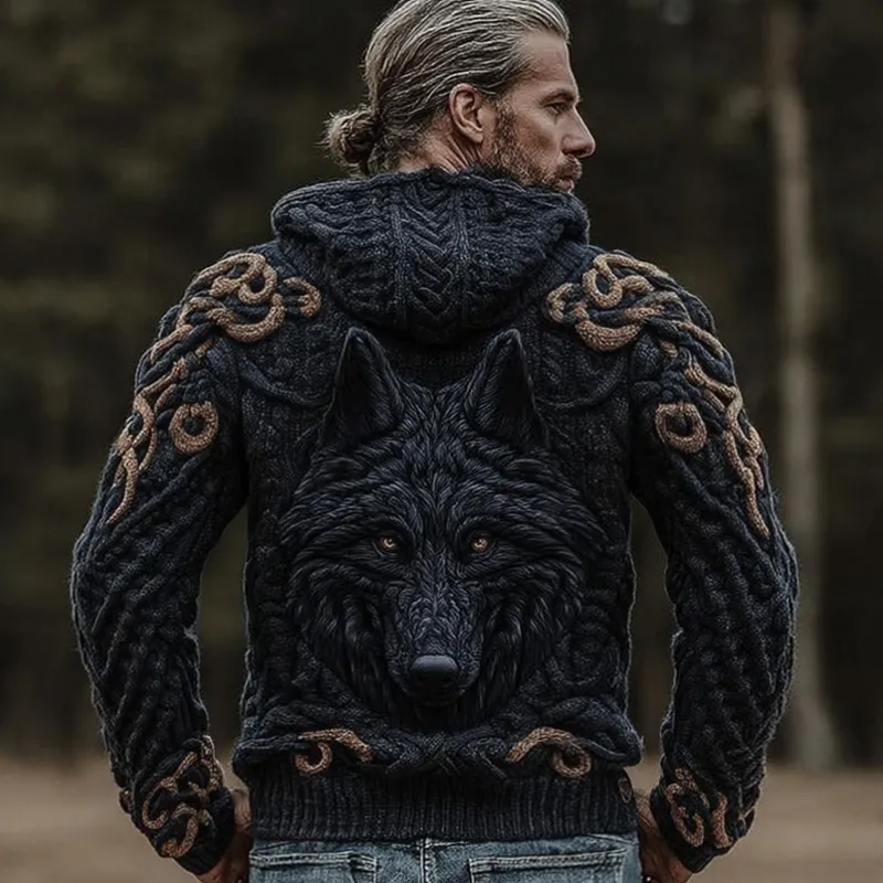 Men's Viking Wolf Style Celtic Thick Zip Hooded Sweater