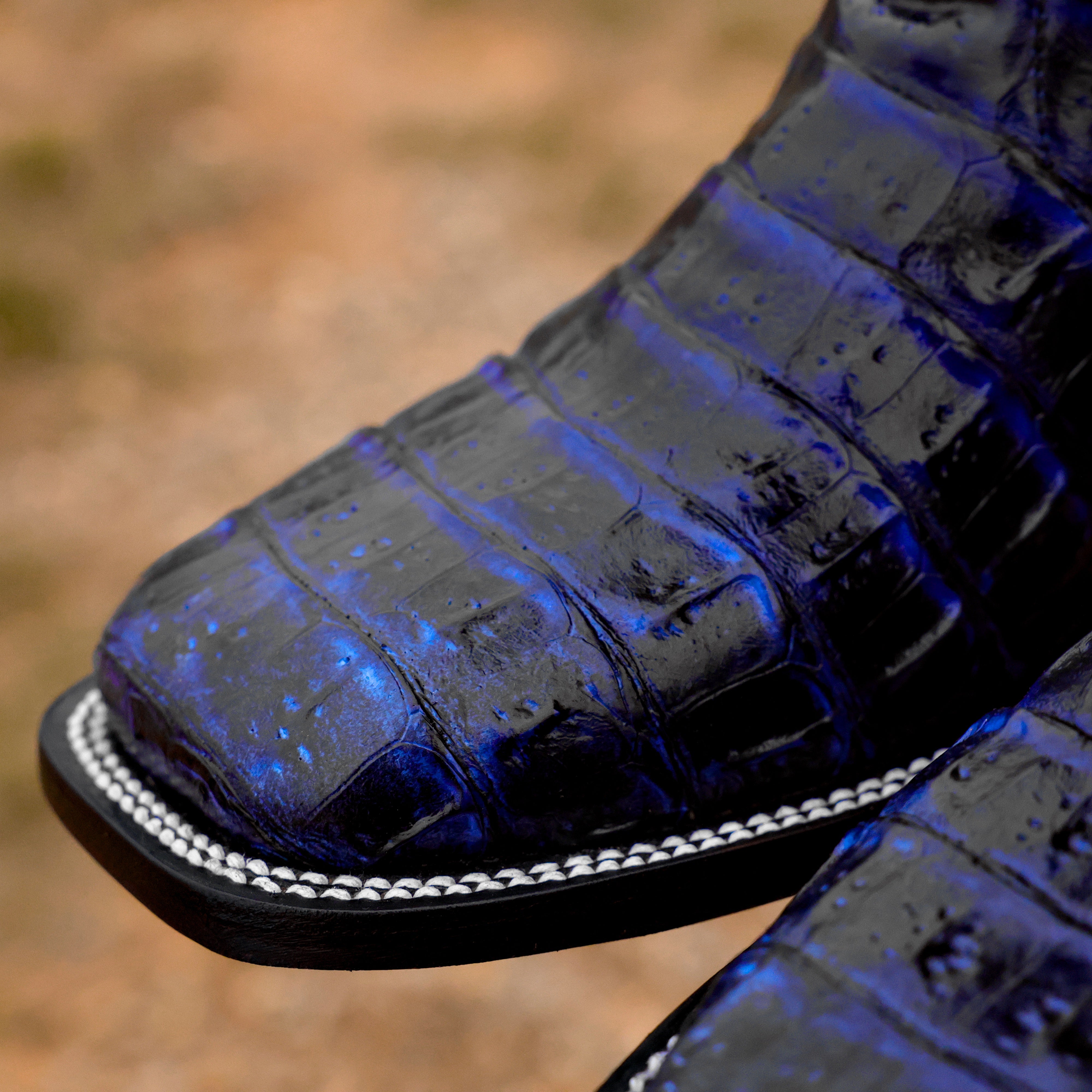 Black/Royal Blue Caiman Hornback Leather Boots - Square Toe