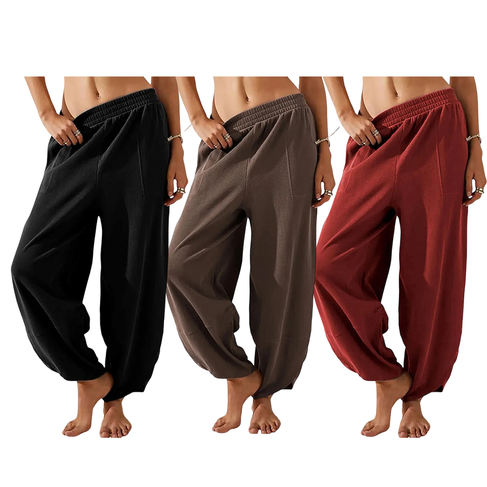 Women's Baggy Wideleg Pants Casual Elastic Waisted Palazzo Harem Pants with Pockets