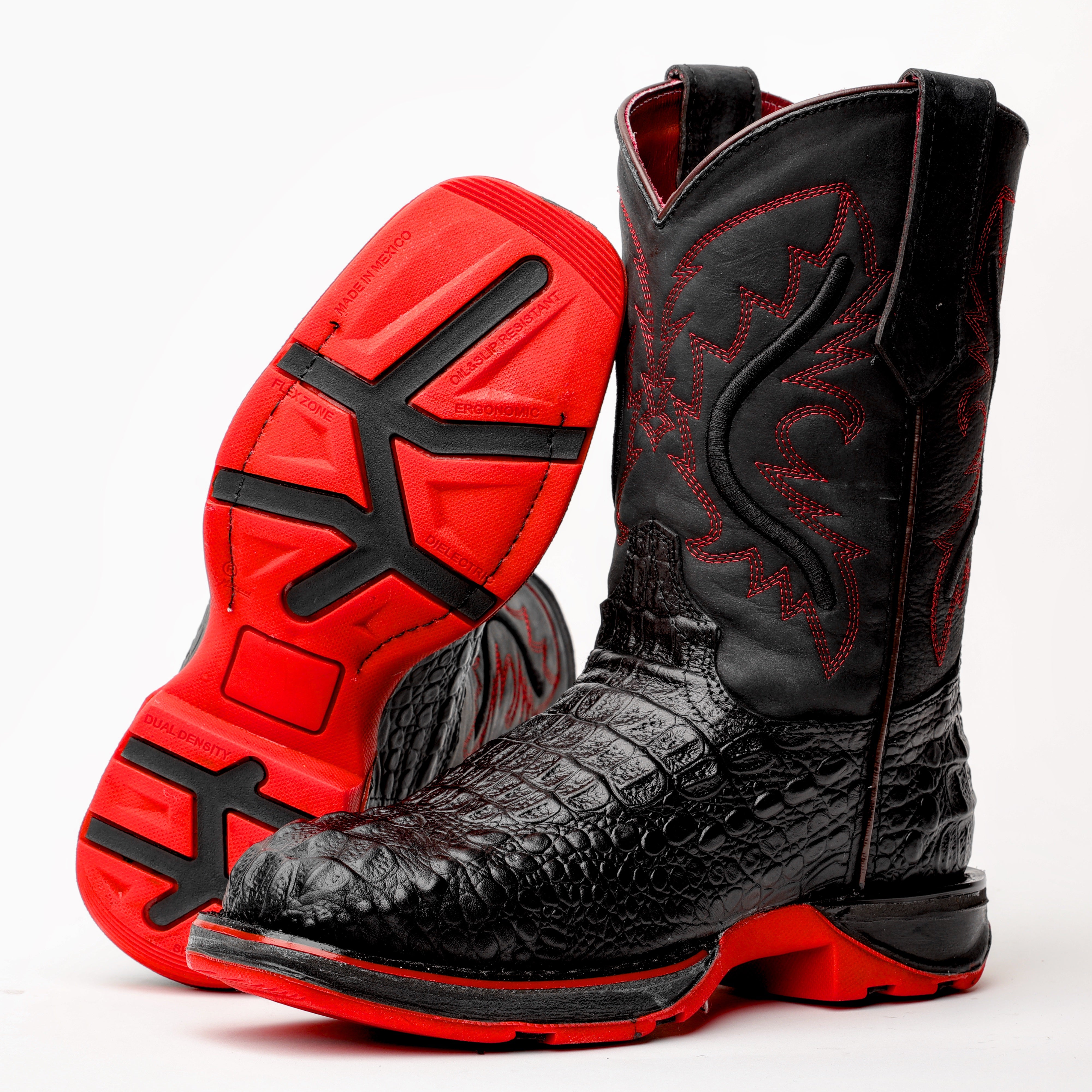 Black Caiman Neck Leather Boots With 3D Lightweight Sole - Composite Toe