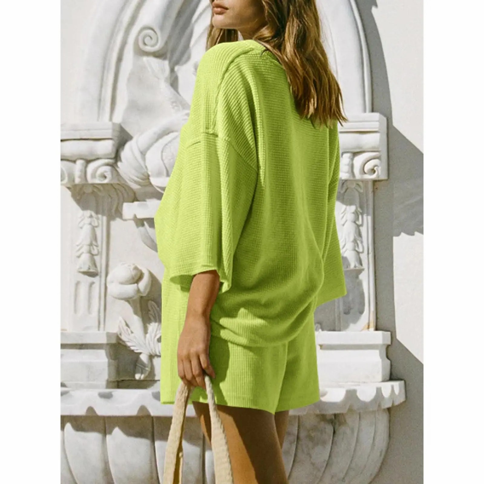 Women's 2-Piece Lounge Set – 3/4 Sleeve Top & Elastic Waist Shorts with Pockets