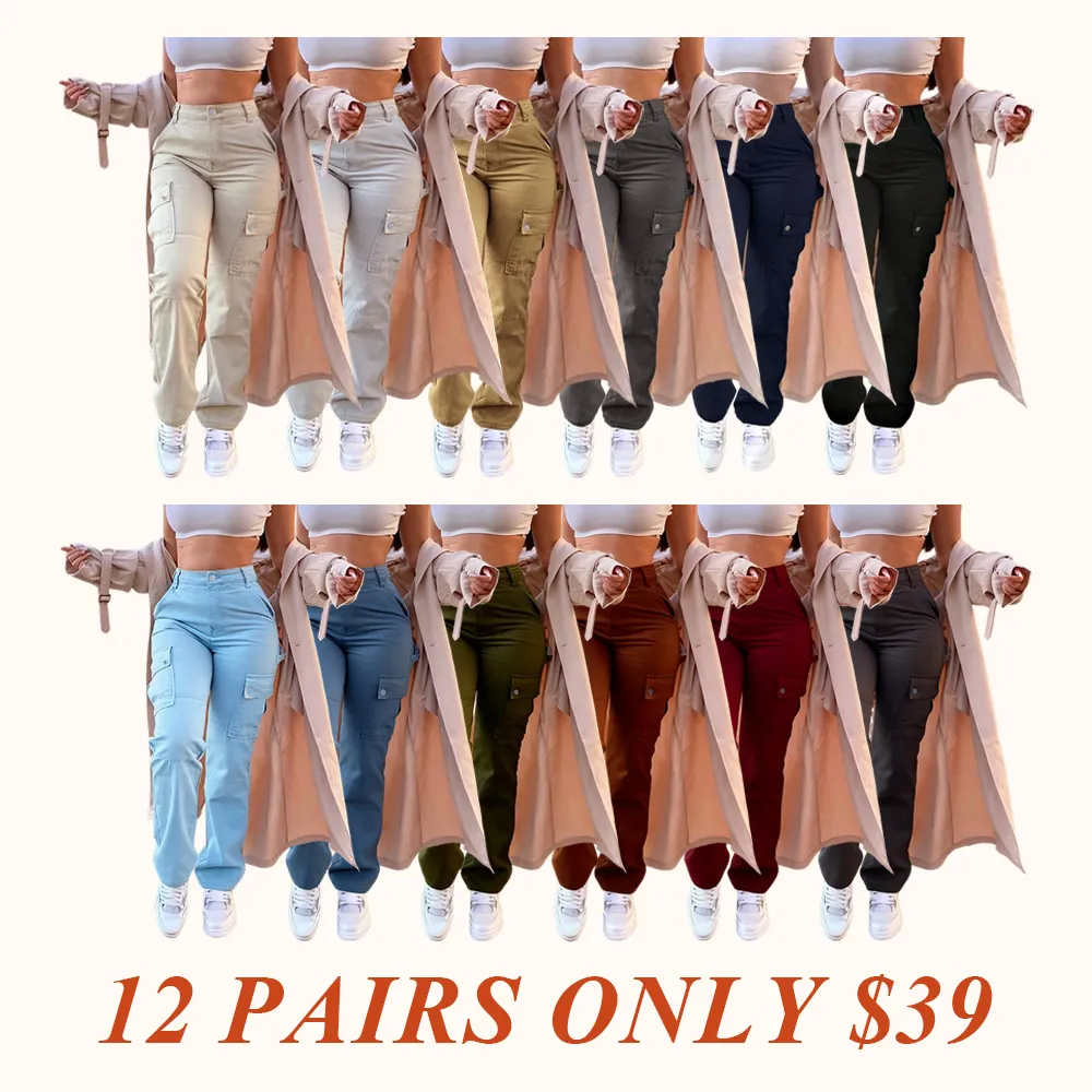 Women's Plain Pocket Button Fly Cargo Pants, Casual Streetwear Solid Color Trousers for Daily Wear