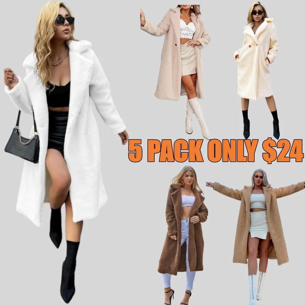 Women Faux Fur Pocket Button Lapel Coat
