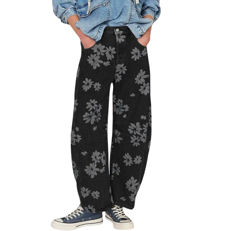 Women's Minimalist Floral Denim Jeans — Y2K Style Loose Wide-Leg Pants