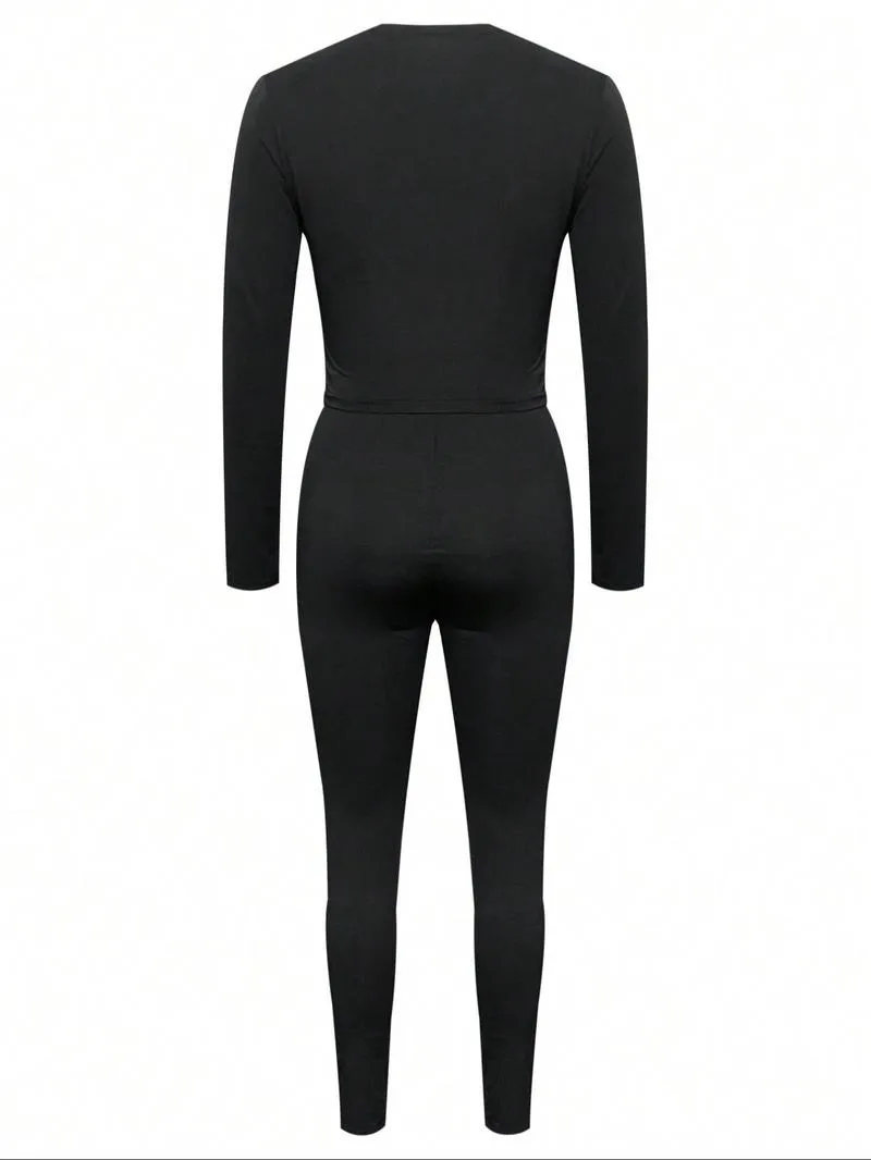 Two-Piece Set Women's Rhinestone Heart Decor Cut Out Crop Top & Skinny Pants Set