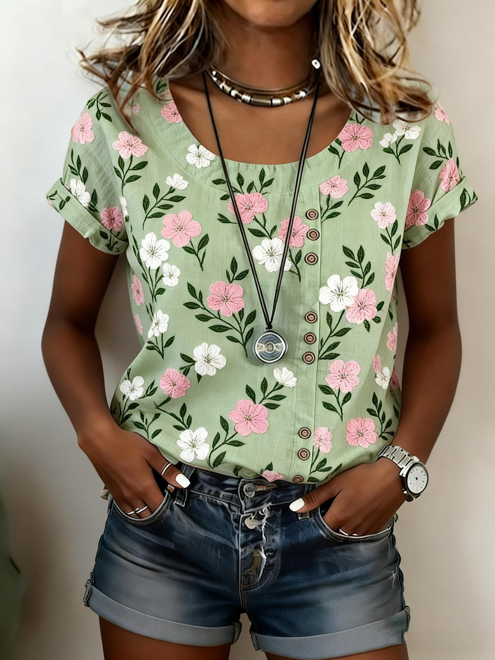 Women's Casual Retro Cotton Linen Floral Top- Fast Shipping