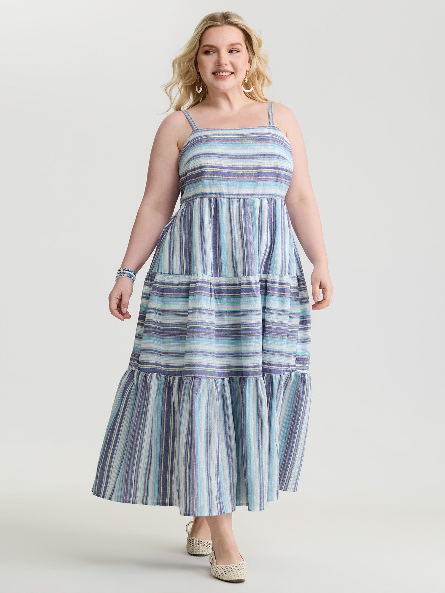 Pure Cotton Asymmetrical Stripes Open Back Midi Dress
