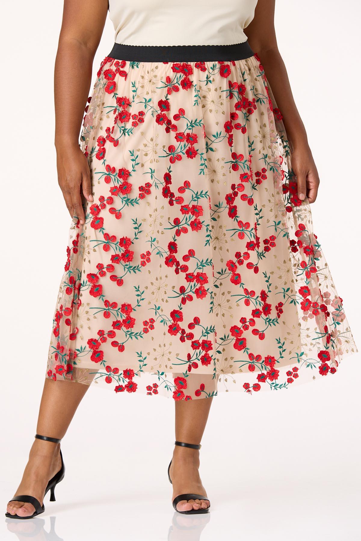 Plus Size Floral Embroidered Mesh Midi Skirt