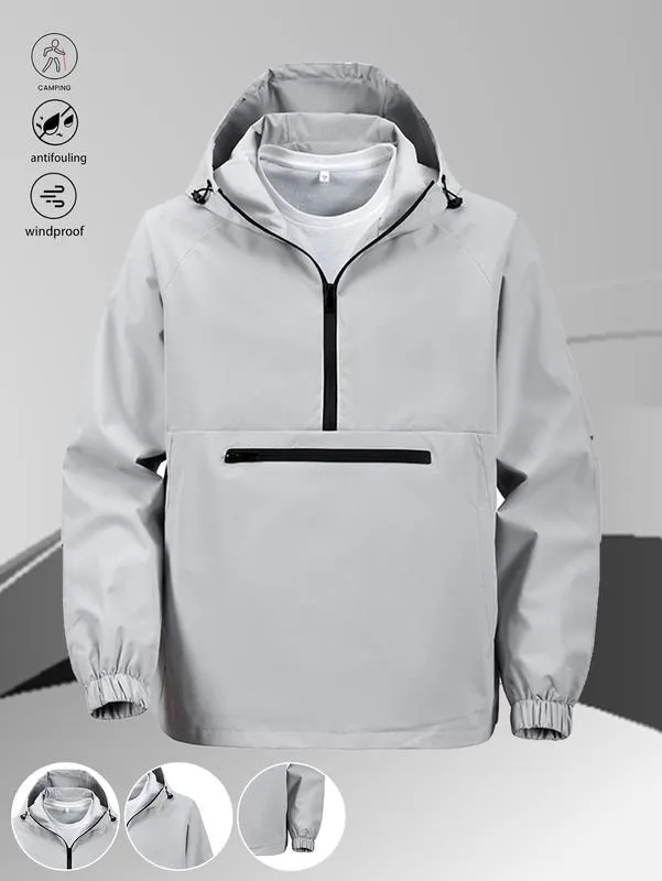 One black half-zip pullover with hoodie, outdoor camping style, large pockets, made of stain-resistant fabric