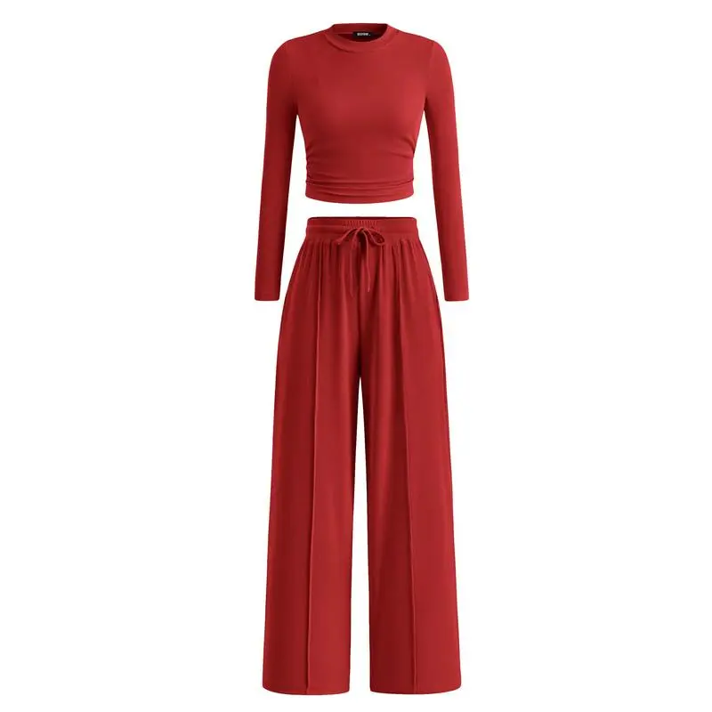 Two-piece ribbed knit long-sleeved cropped top and wide-leg pants