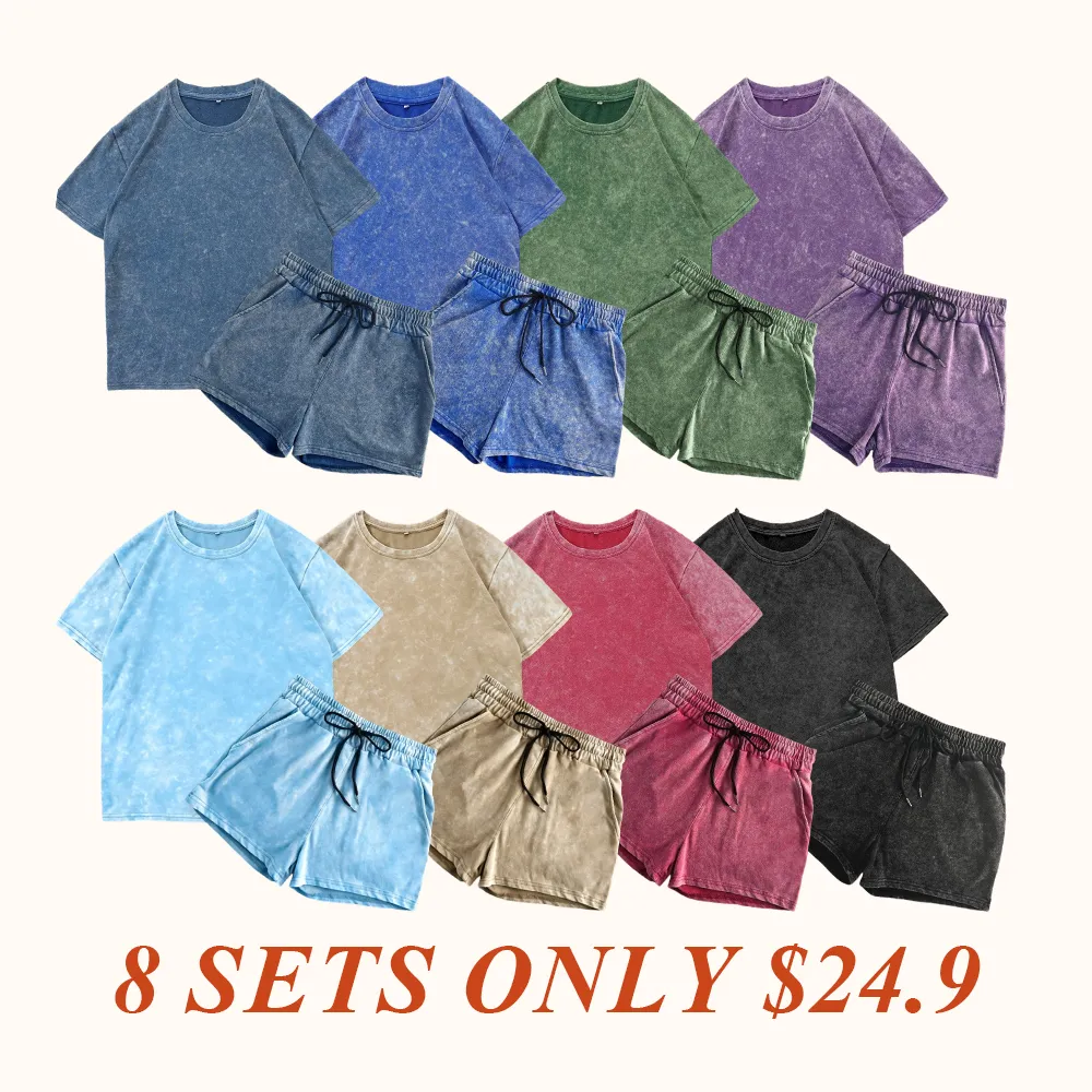 Two-piece Set Women's Solid Color Denim-effect Print Tee & Shorts