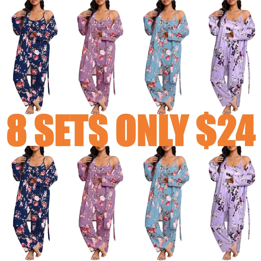 3-Piece Set Floral Print Belted Lounge Robe & Cami Top & Elastic