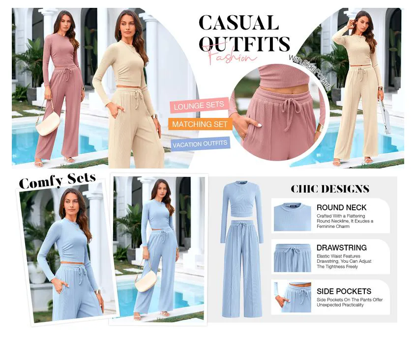 Two-piece ribbed knit long-sleeved cropped top and wide-leg pants