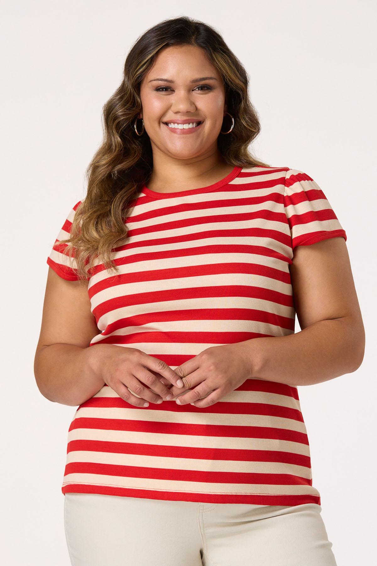 Plus Size Red White Striped Crew Top